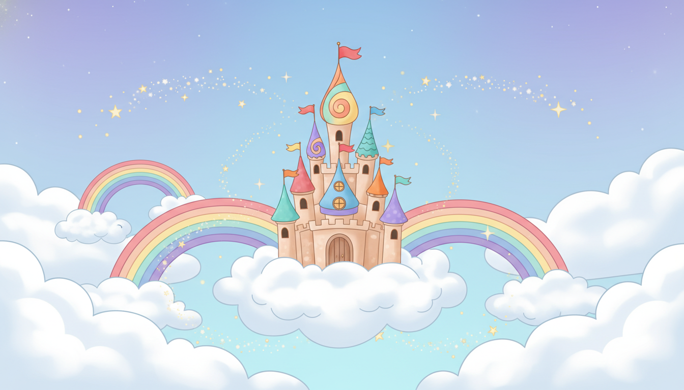 A princess in a sparkling castle above the rainbow clouds!